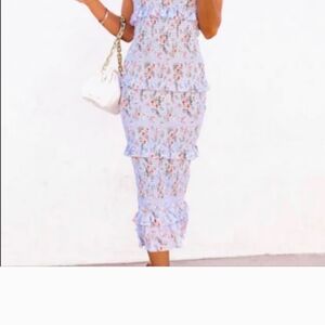 BE MY GUEST FLORAL SMOCKED RUFFLE MIDI DRESS - BLUE size small